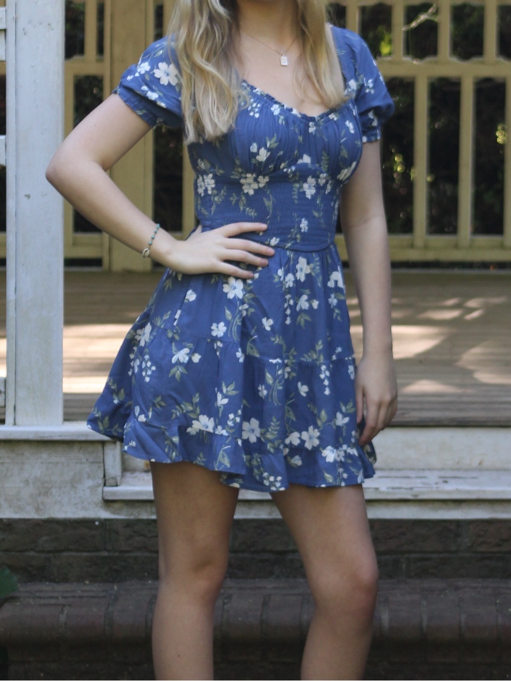 Hollister Navy Floral Puff-Sleeve Smocked Dress